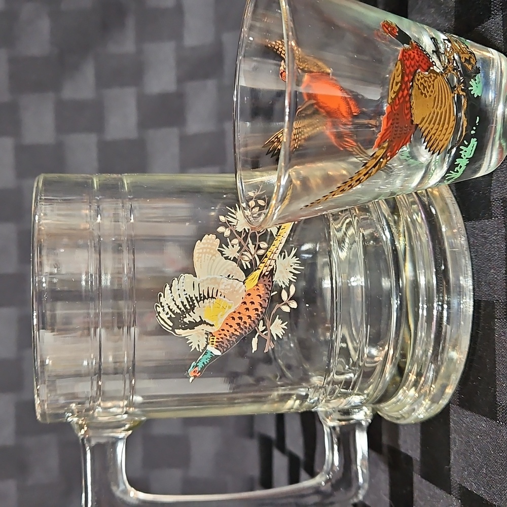 22k Gold Pheasant Themed Low-ball Glass & Colonial Game Bird Stein Mug, Set of 2